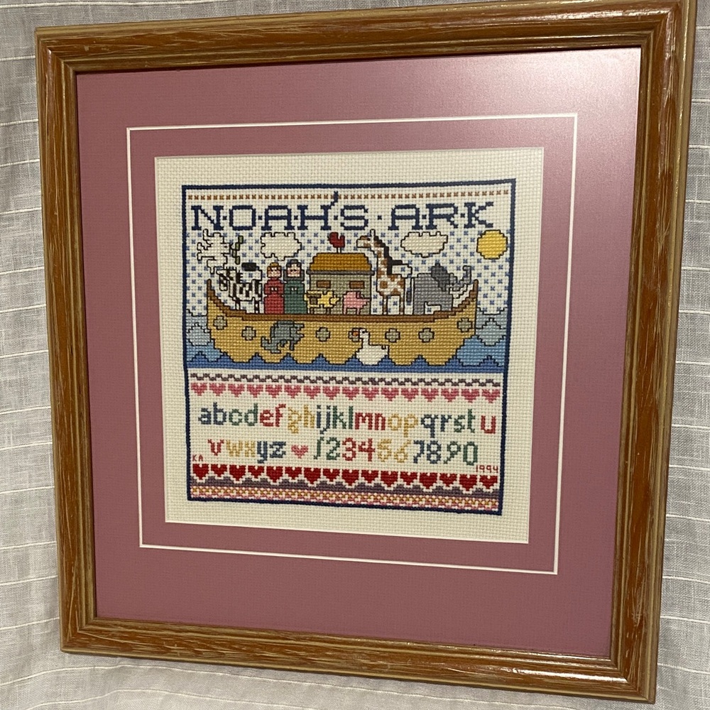 Noah's Ark Cross Stitch Art in Wooden Frame
